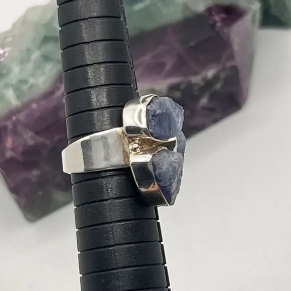 Sterling Silver Raw Amethyst Ring Chunky Triple Stone Size O Stamped 925 - Picture 11 of 12